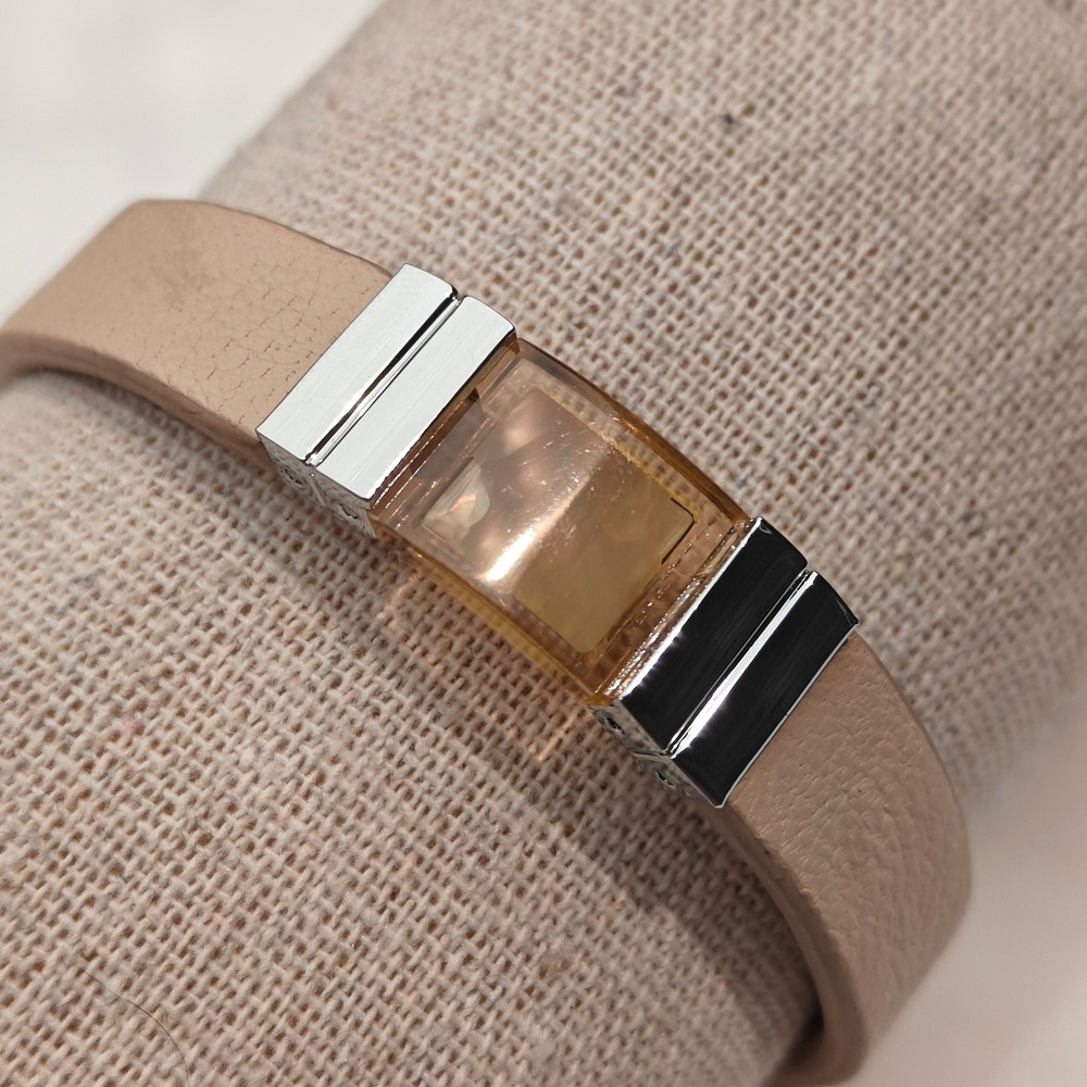 Anne Klein‎ Tan Genuine Leather Bracelet Silver Resin Iridescent Square Stone